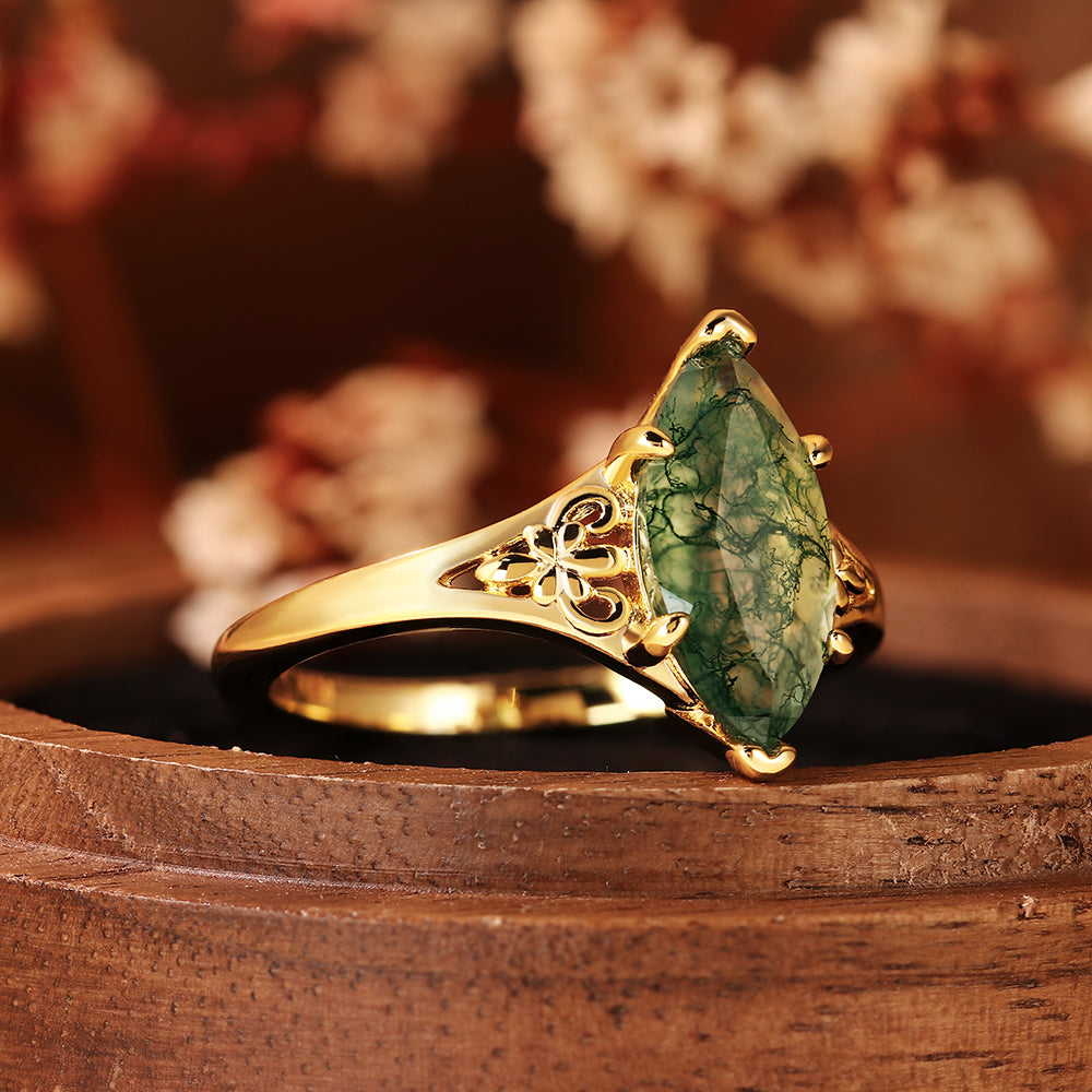 Marquise Cut Moss Agate Vintage Floral Filigree Engagement Ring