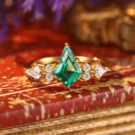 0.98 ct Kite Cut Lab Emerald Cluster Engagement Ring