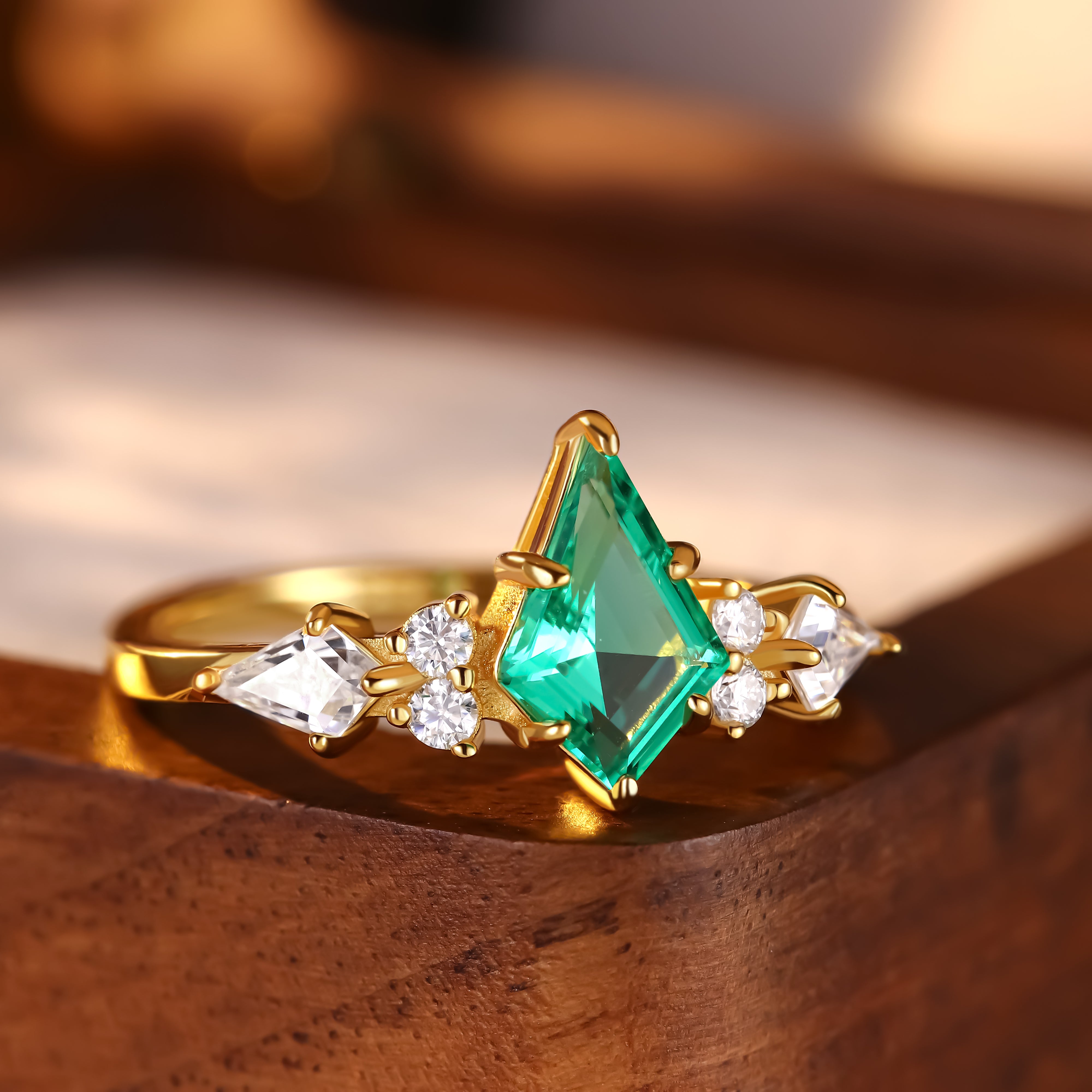 0.98 ct Kite Cut Lab Emerald Cluster Engagement Ring