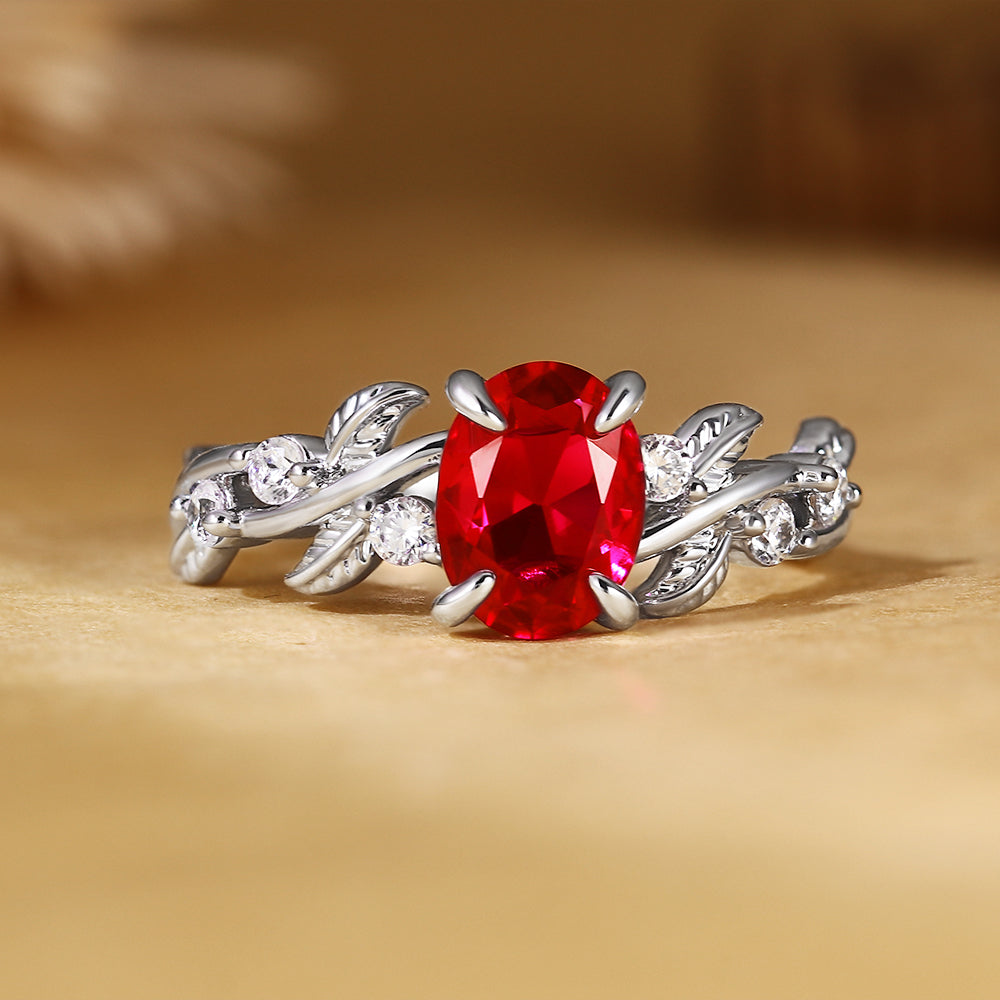 Nature Inspired Oval Cut Ruby Vine and Leaf Engagement Ring