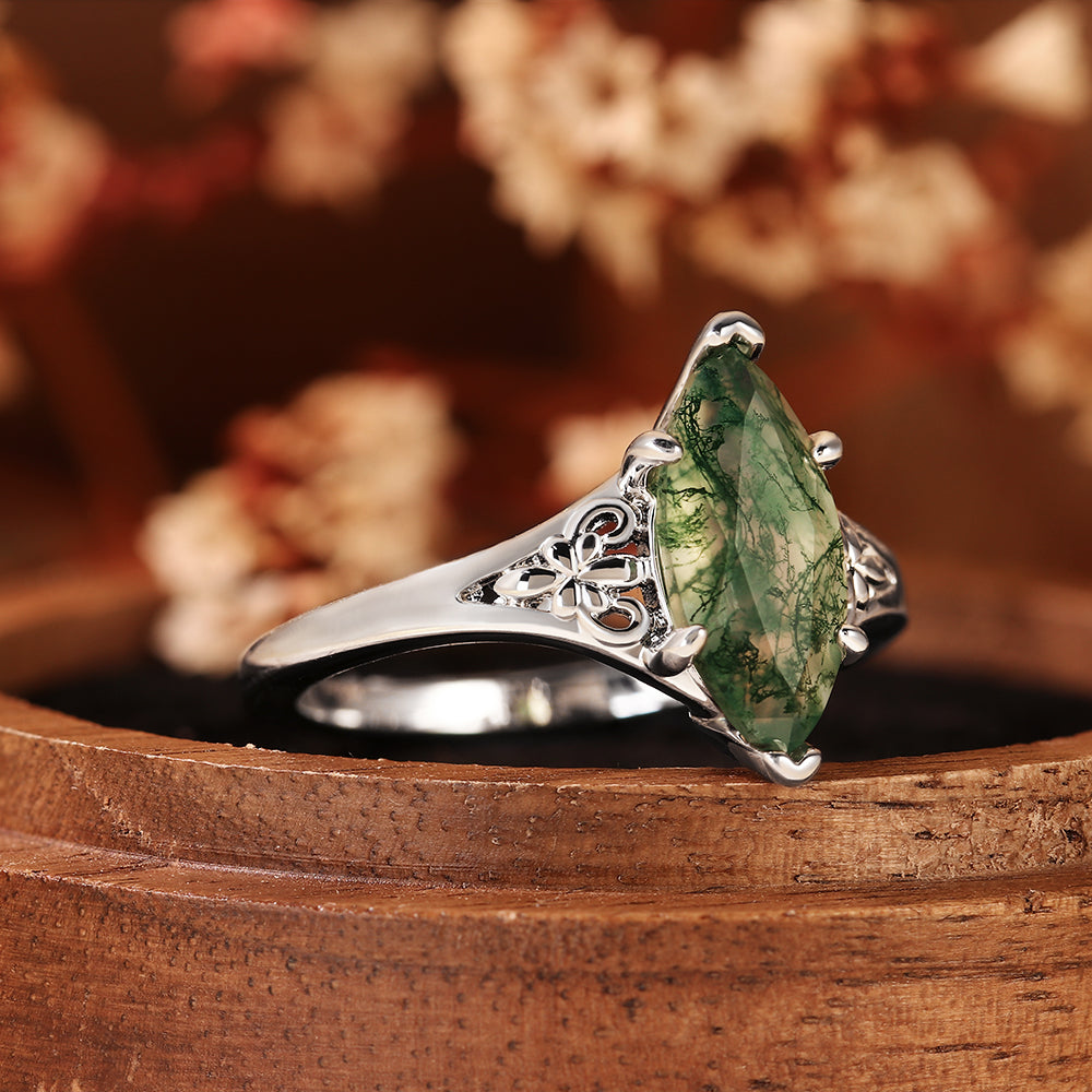 Marquise Cut Moss Agate Vintage Floral Filigree Engagement Ring