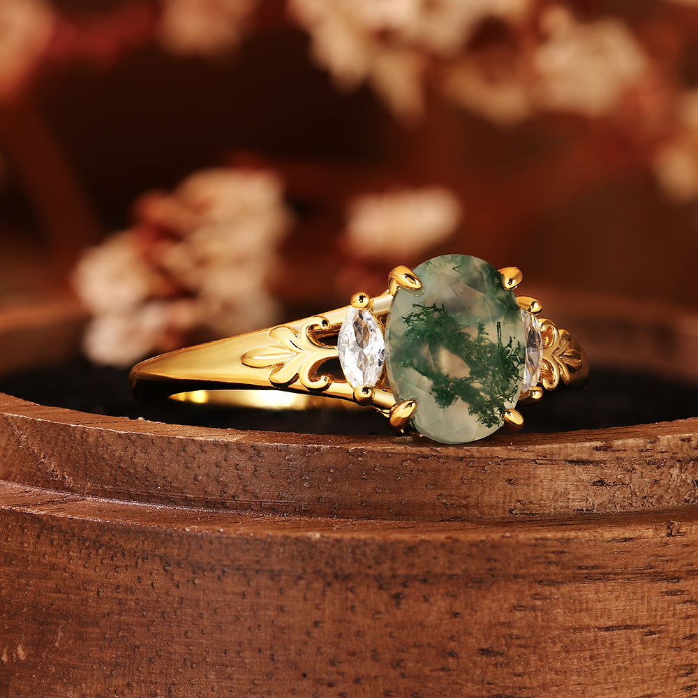 Nature Inspired Oval Cut Moss Agate Engagement Ring with Vintage Leaf Filigree