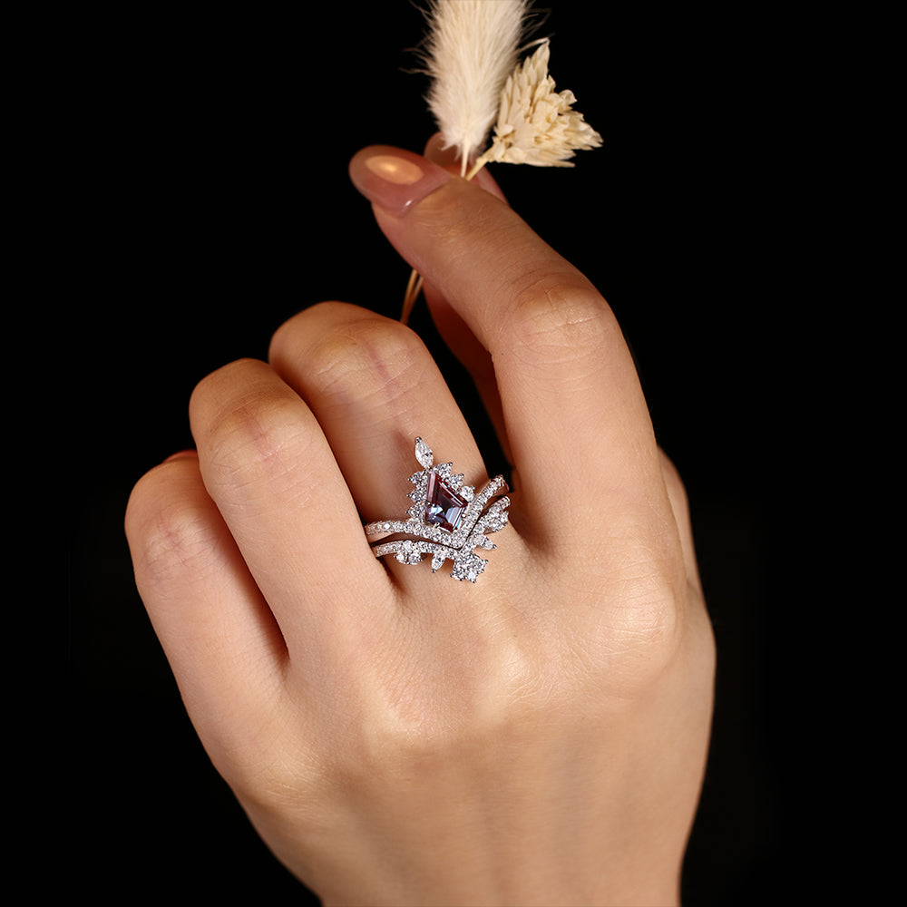 1.67 ct Kite Cut Lab Alexandrite Accents Engagement Ring Nature Inspired Bridal Ring Set