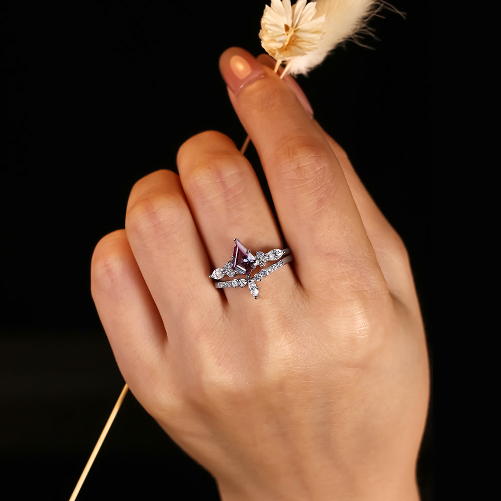 1.49 ct Kite Cut Lab Alexandrite Cluster Engagement Ring Nature Inspired Bridal Ring Set