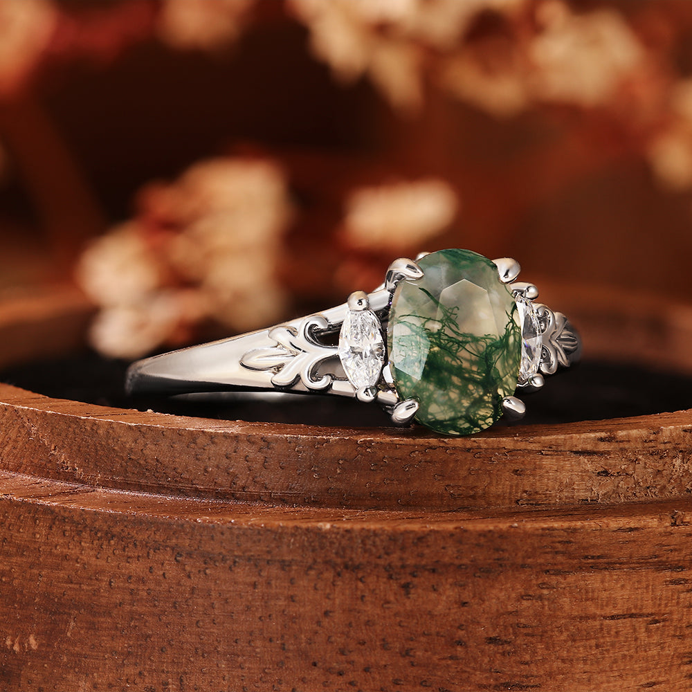 Nature Inspired Oval Cut Moss Agate Engagement Ring with Vintage Leaf Filigree
