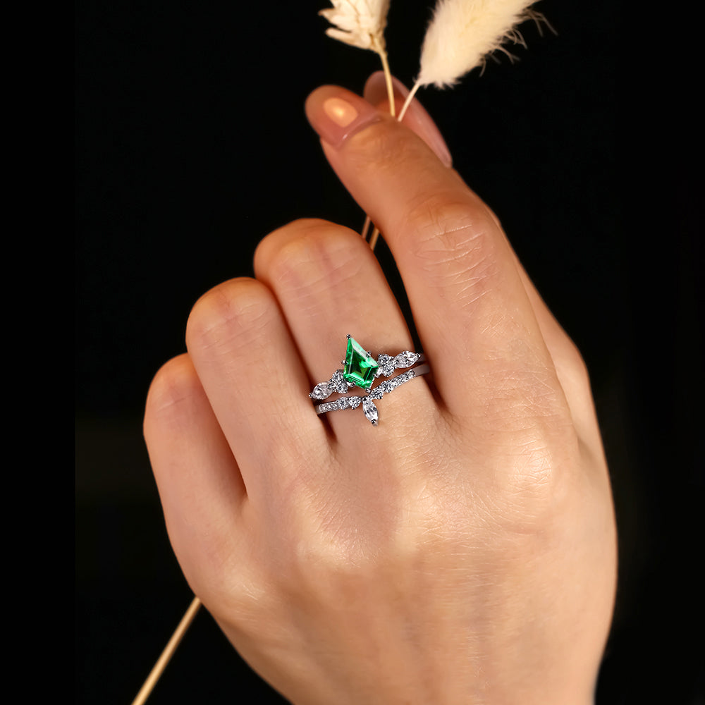 [Buy 1 Get 1 Free]1.23 ct Kite Cut Lab Emerald Cluster Engagement Nature Inspired Bridal Ring Set