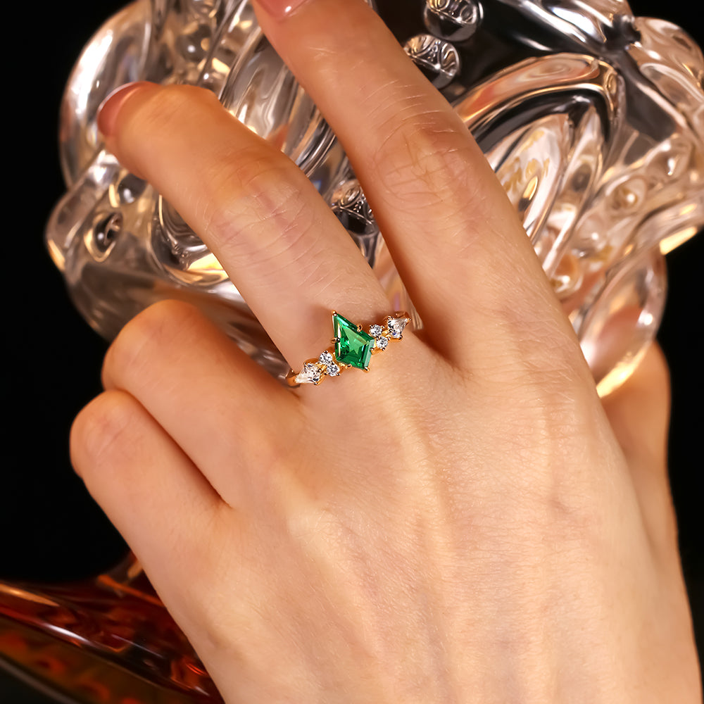 0.98 ct Kite Cut Lab Emerald Cluster Engagement Ring