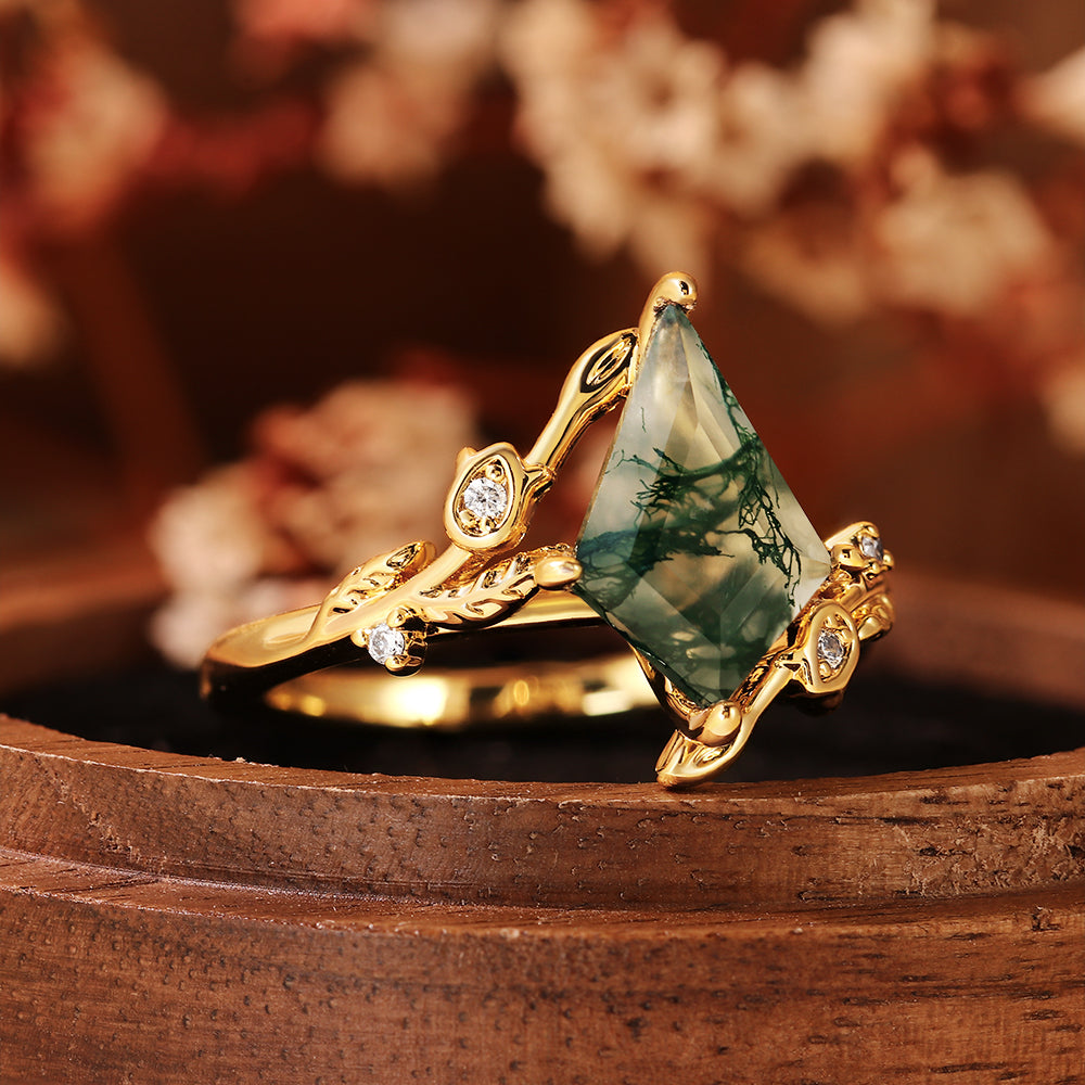 Kite Cut Moss Agate Nature Inspired Leaf Vine Engagement Ring