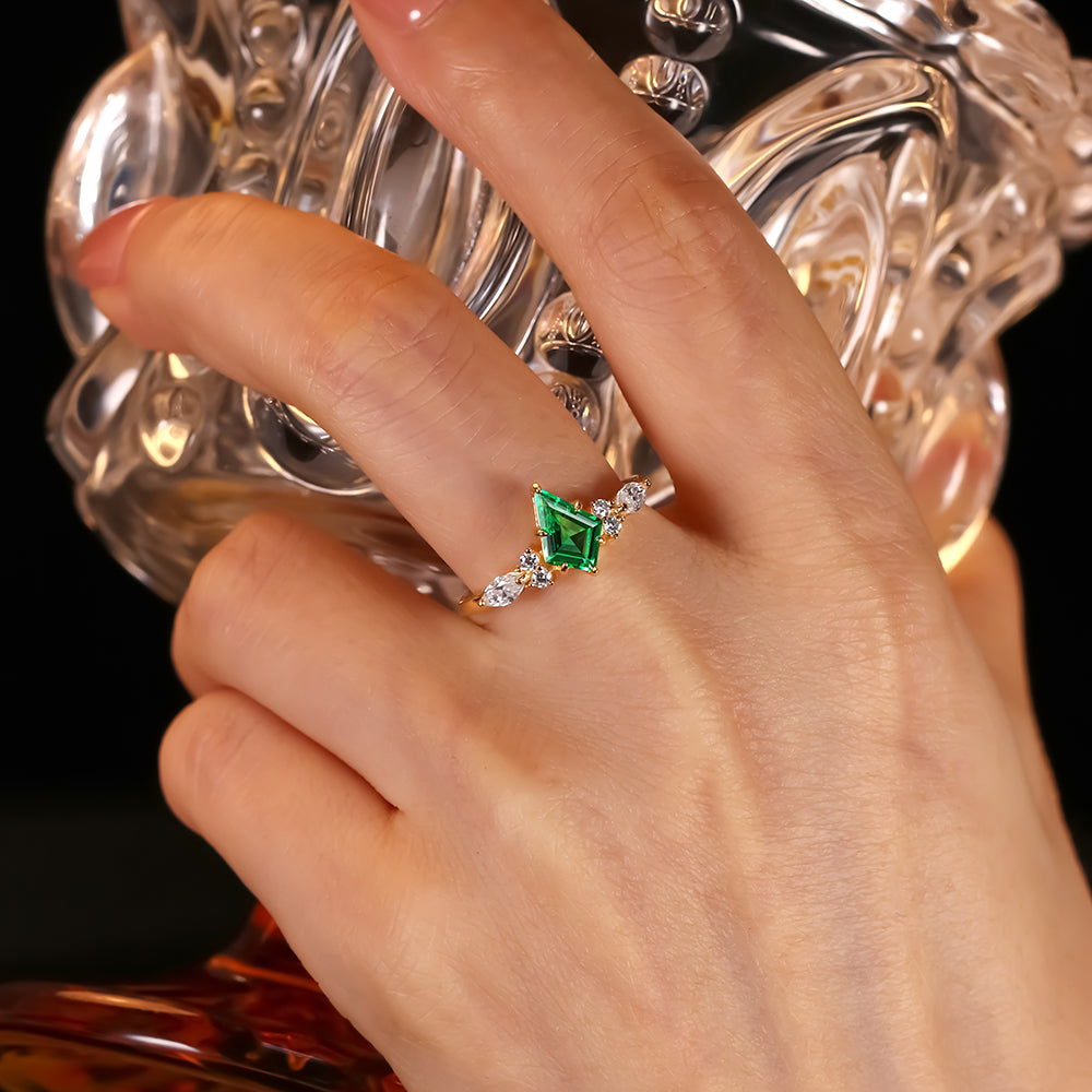 1.02 ct Kite Cut Lab Emerald Cluster Engagement Ring