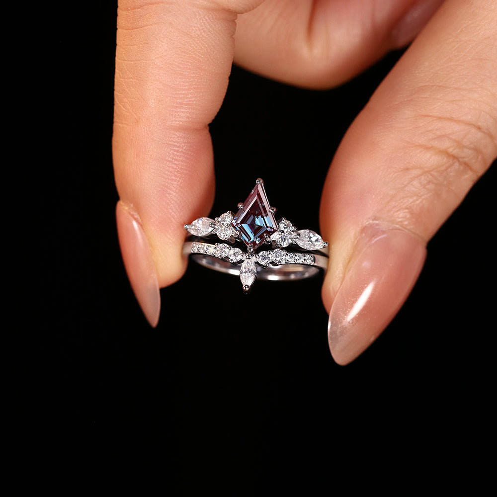 1.49 ct Kite Cut Lab Alexandrite Cluster Engagement Ring Nature Inspired Bridal Ring Set