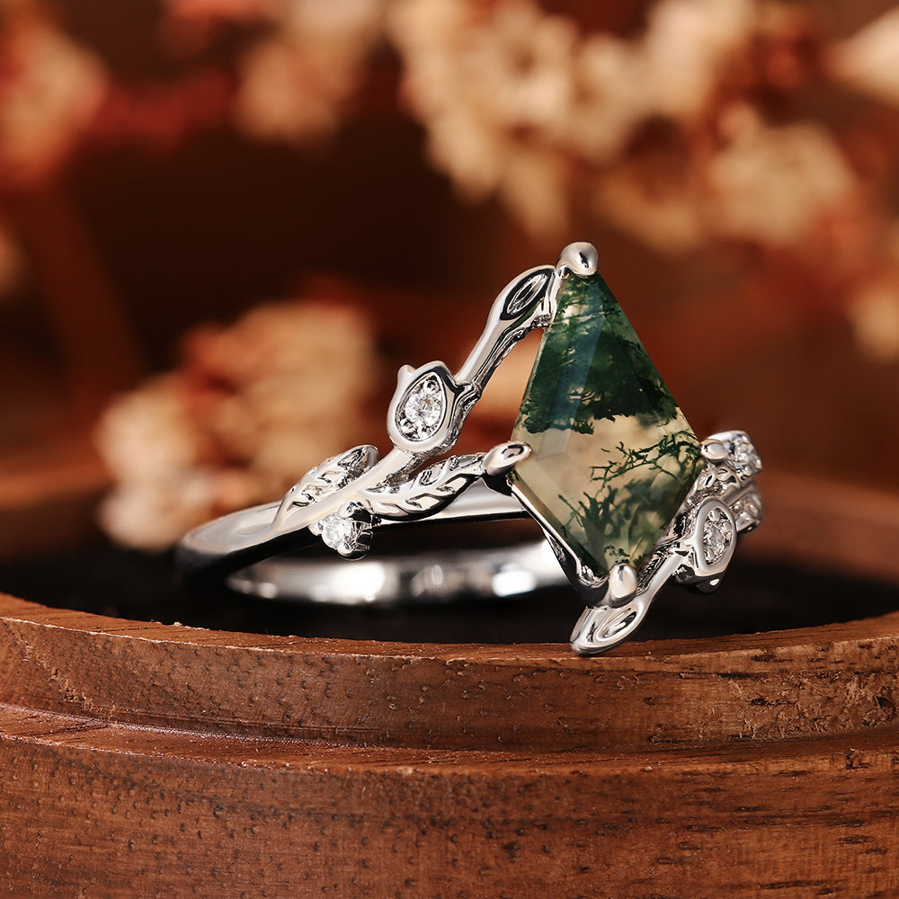 Kite Cut Moss Agate Nature Inspired Leaf Vine Engagement Ring