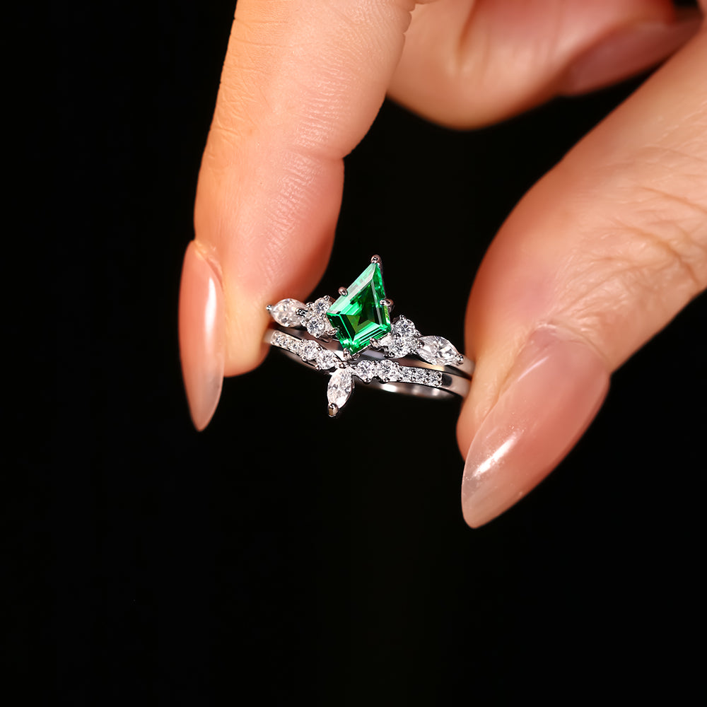 [Buy 1 Get 1 Free]1.23 ct Kite Cut Lab Emerald Cluster Engagement Nature Inspired Bridal Ring Set