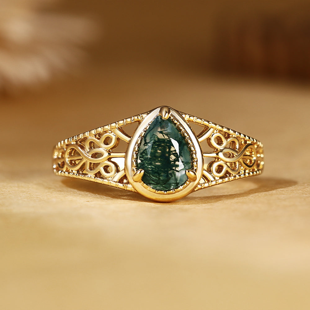 Vintage Pear Cut Moss Agate Filigree Hollow Scrollwork Engagement Ring