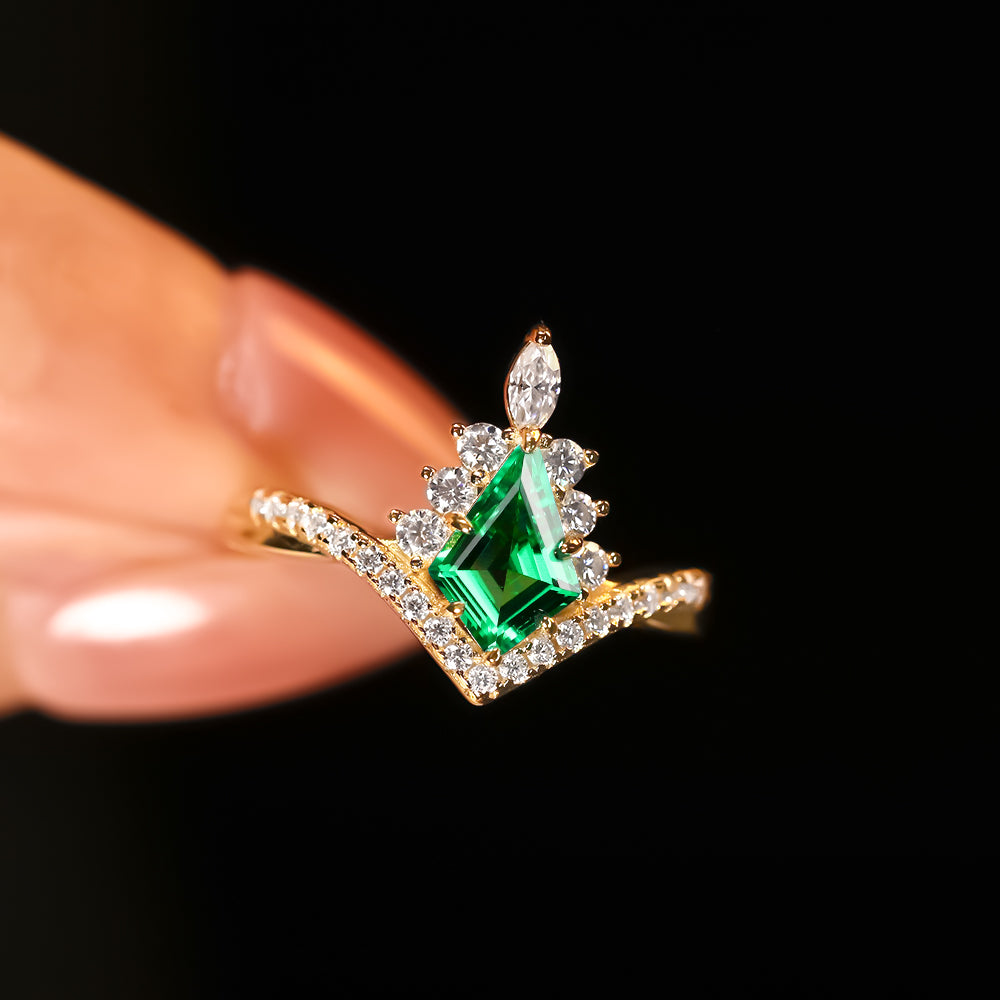 1.09 ct Kite Cut Lab Emerald Accents Engagement Ring