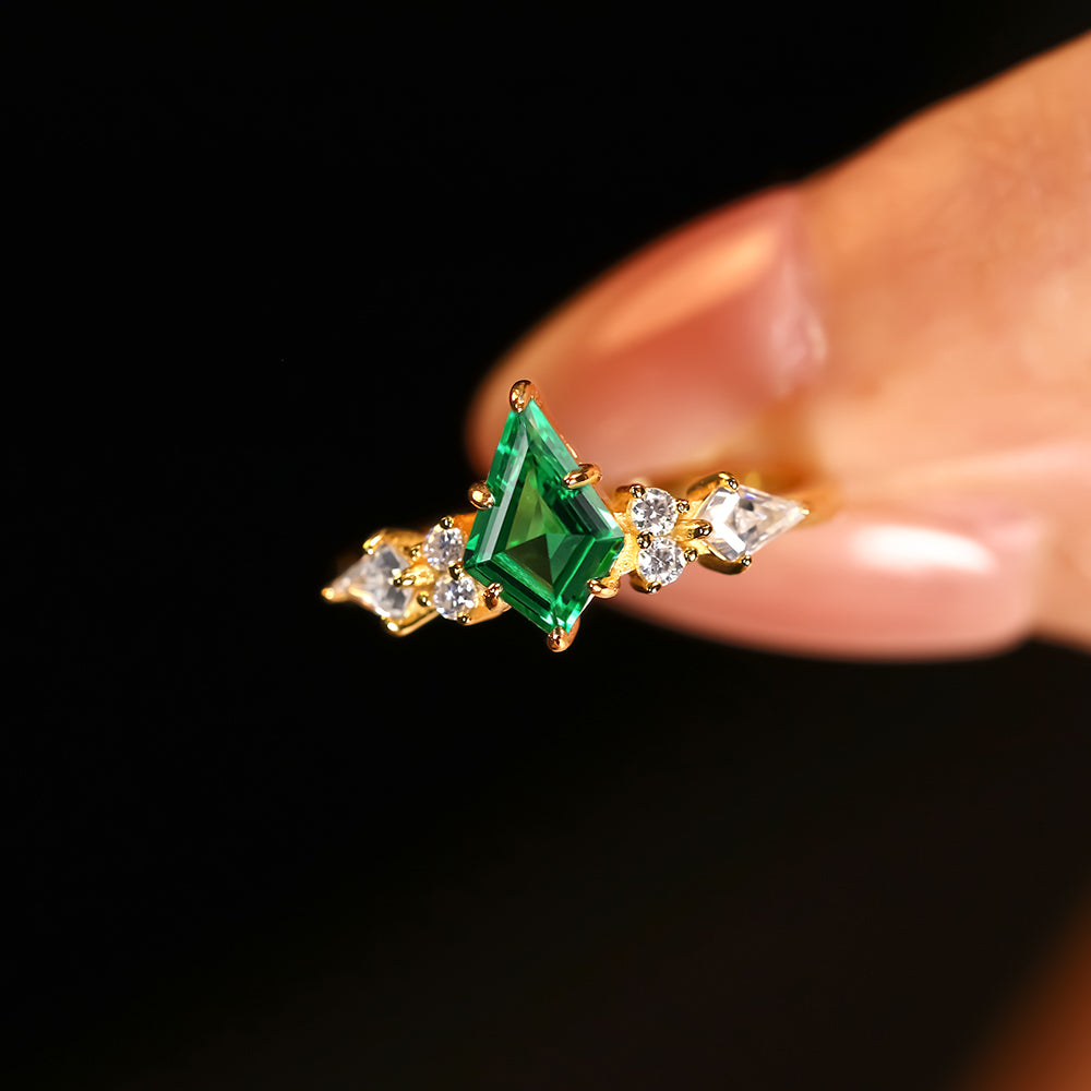 0.98 ct Kite Cut Lab Emerald Cluster Engagement Ring