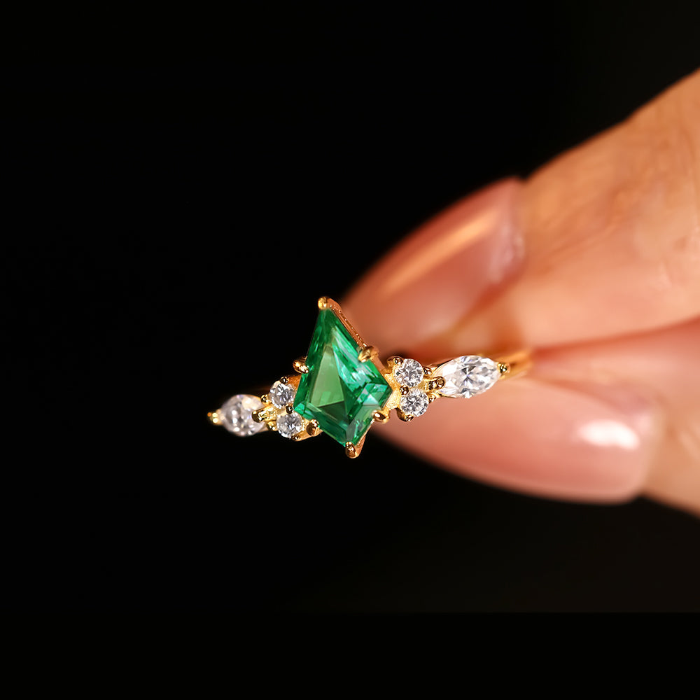 1.02 ct Kite Cut Lab Emerald Cluster Engagement Ring