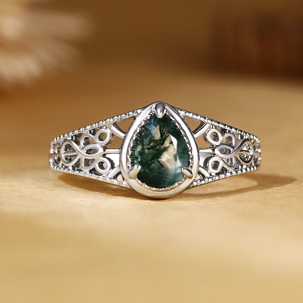 Vintage Pear Cut Moss Agate Filigree Hollow Scrollwork Engagement Ring