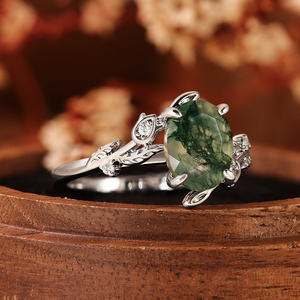 Unique Oval Cut Moss Agate Nature Inspired Leaf Branch Engagement Ring