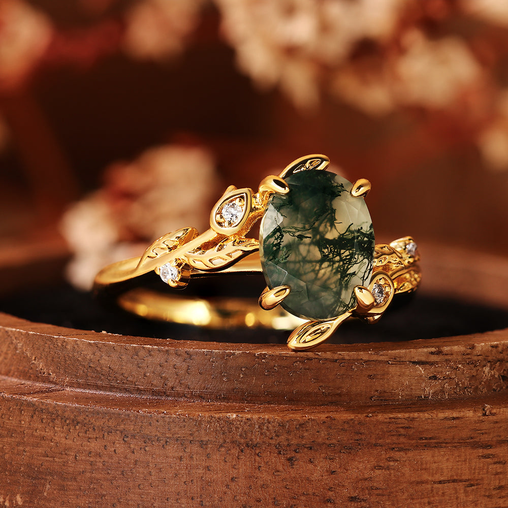 Unique Oval Cut Moss Agate Nature Inspired Leaf Branch Engagement Ring