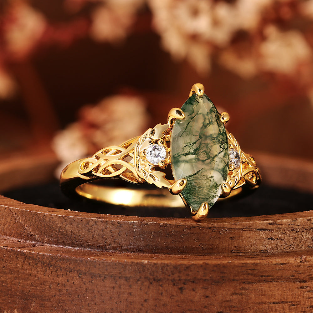 Botanical Marquise Cut Moss Agate Leaves & Celtic Knot Engagement Ring