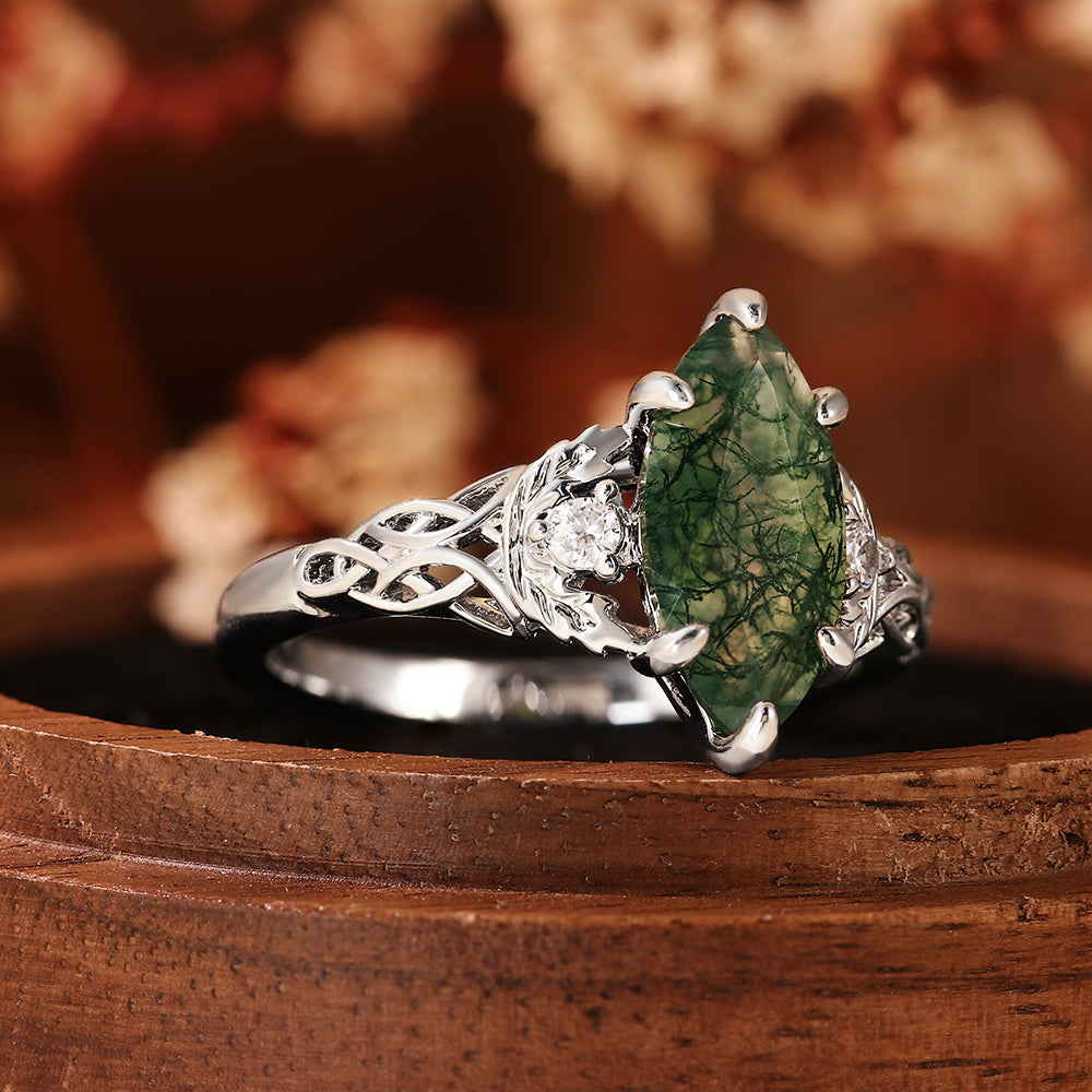 Botanical Marquise Cut Moss Agate Leaves & Celtic Knot Engagement Ring