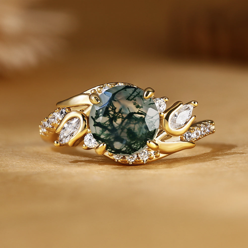 Round Cut Moss Agate Nature Inspired Leaf Cluster Engagement Ring