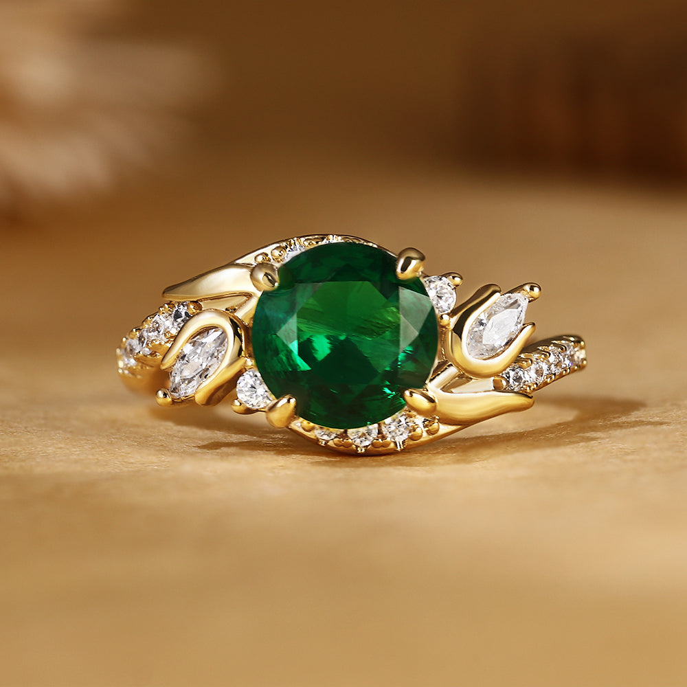 Vintage 2.46CT Round Cut Lab Emerald Gemstone Floral Engagement Ring