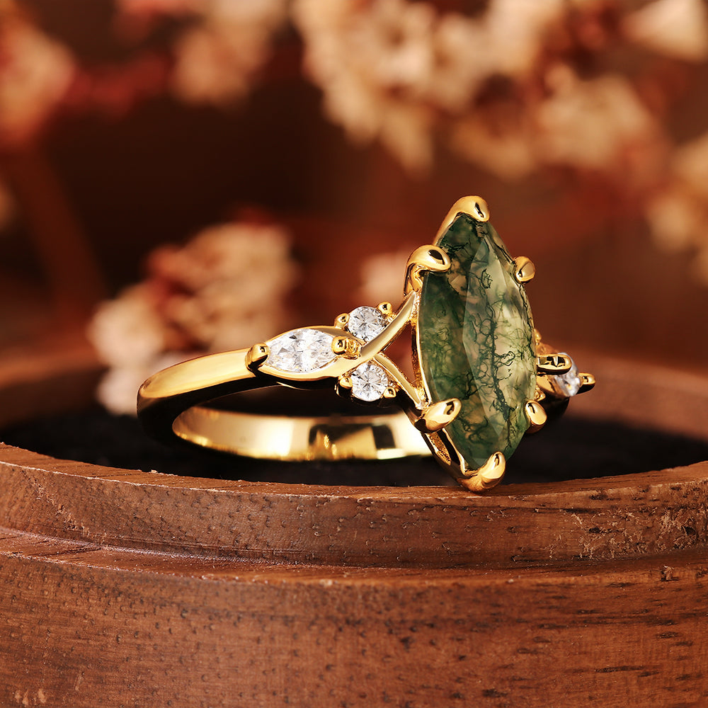 Exquisite Marquise Cut Moss Agate Engagement Ring with Leaf Accents
