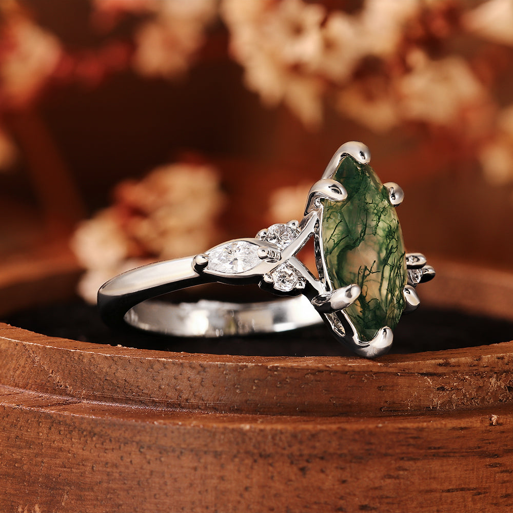 Exquisite Marquise Cut Moss Agate Engagement Ring with Leaf Accents