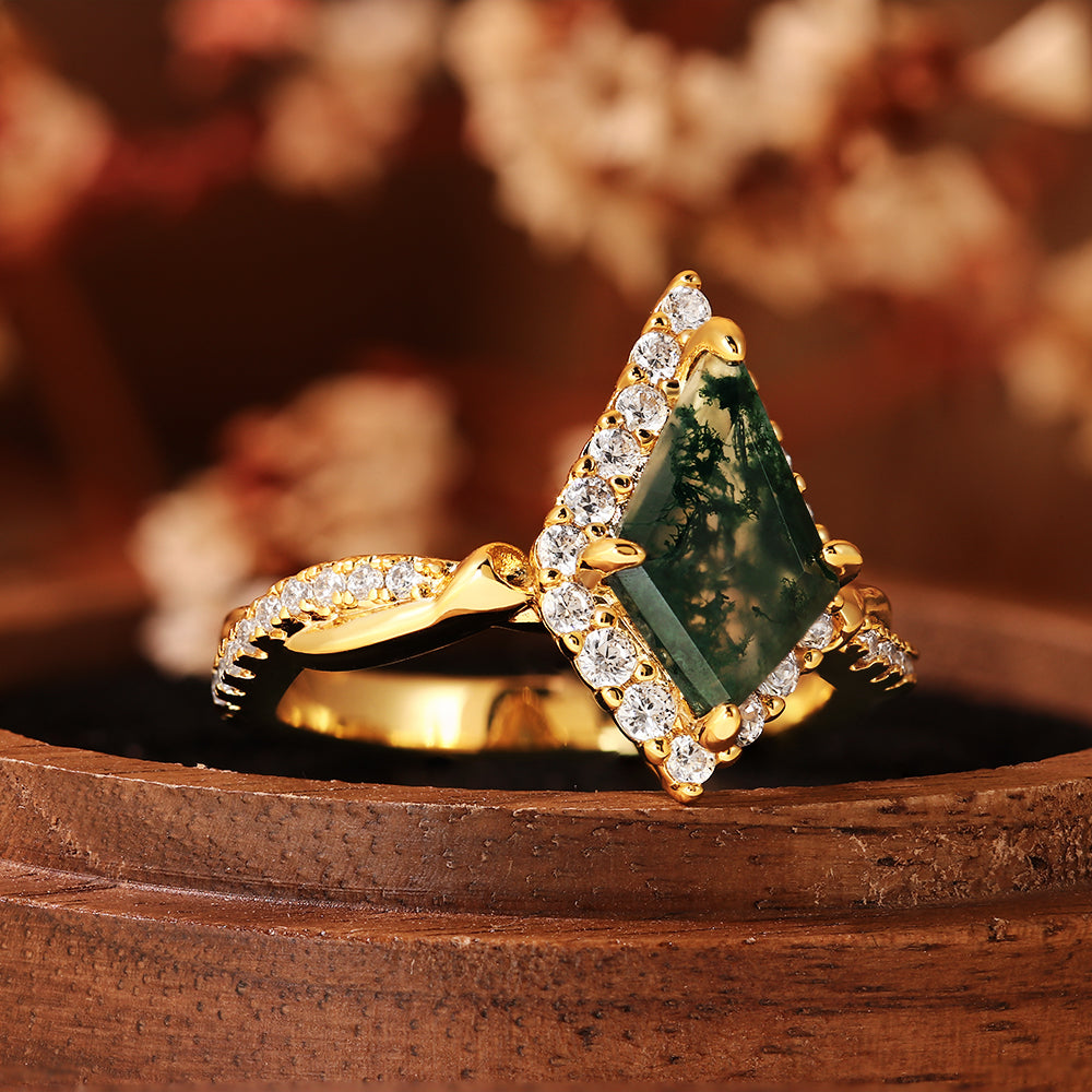 Art Deco Kite Cut Moss Agate Ring with Halo, Unique Engagement Ring