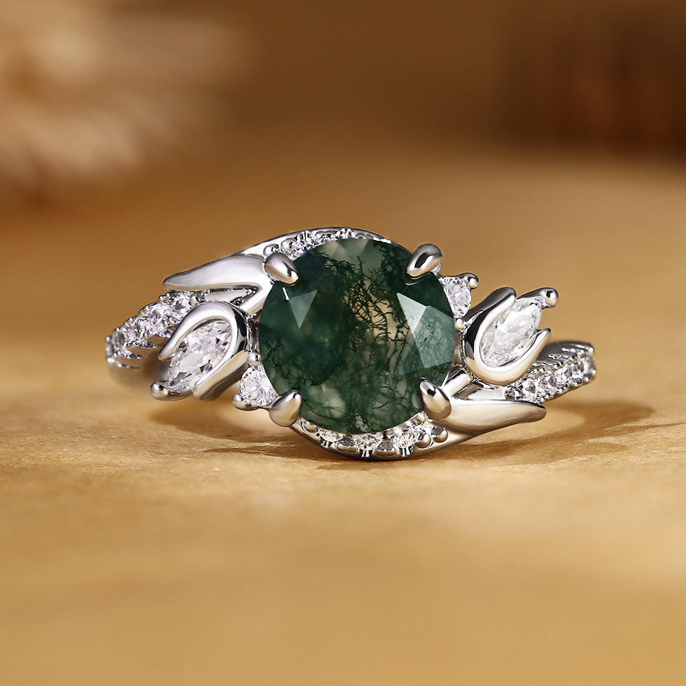 Round Cut Moss Agate Nature Inspired Leaf Cluster Engagement Ring