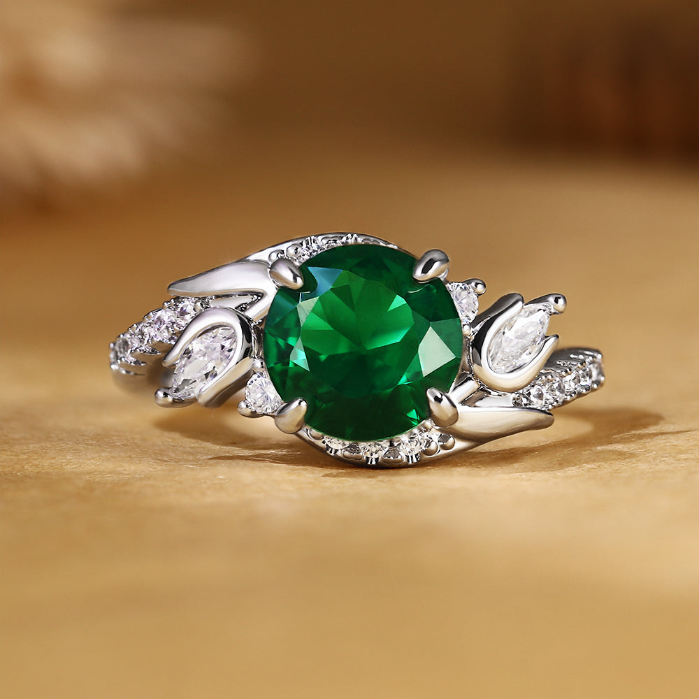 Vintage 2.46CT Round Cut Lab Emerald Gemstone Floral Engagement Ring