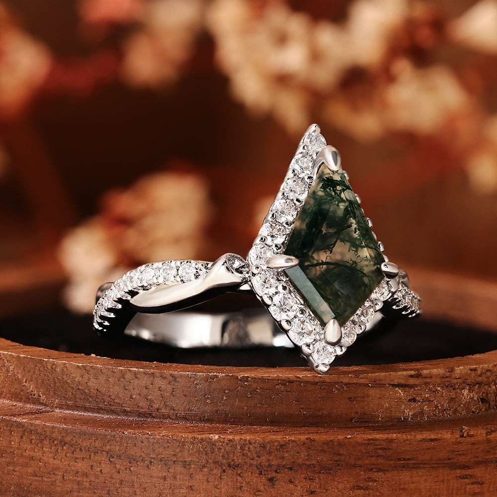 Art Deco Kite Cut Moss Agate Ring with Halo, Unique Engagement Ring