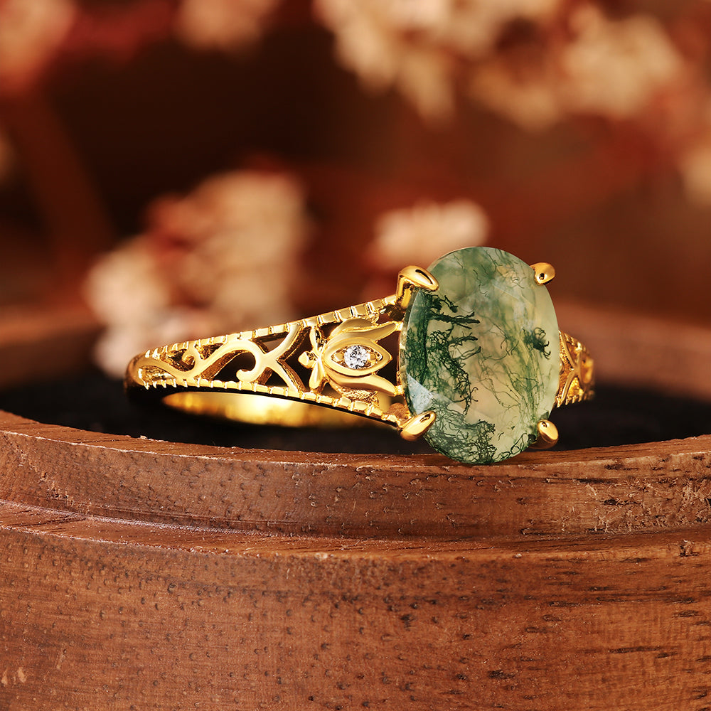 Unique Oval Cut Moss Agate Engagement Ring with Filigree Detail, Romantic Nature Inspired Ring