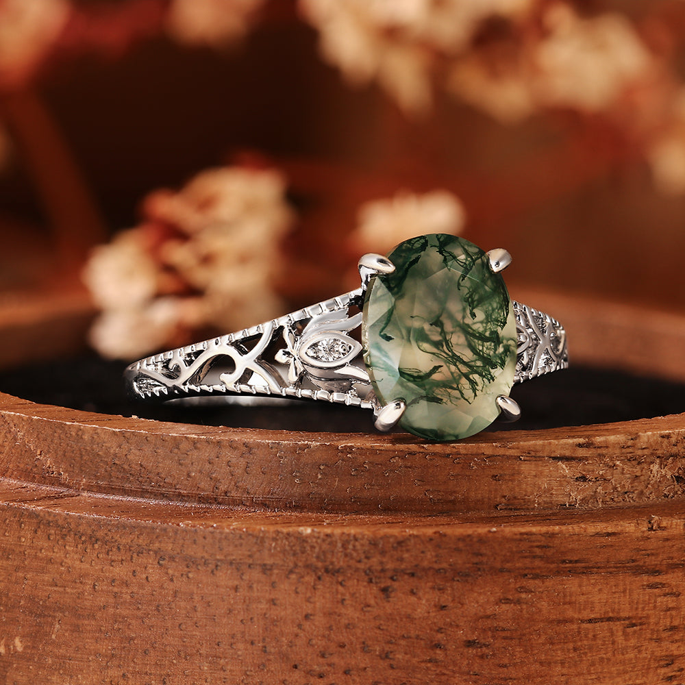 Unique Oval Cut Moss Agate Engagement Ring with Filigree Detail, Romantic Nature Inspired Ring