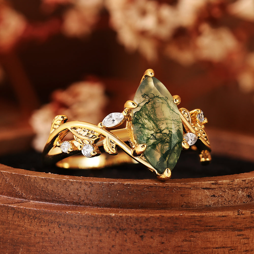 Marquise Cut Moss Agate Engagement Ring, Nature Inspired Leaf Vine Ring