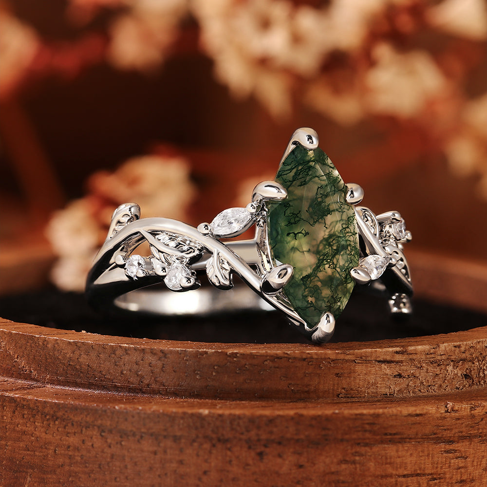 Marquise Cut Moss Agate Engagement Ring, Nature Inspired Leaf Vine Ring