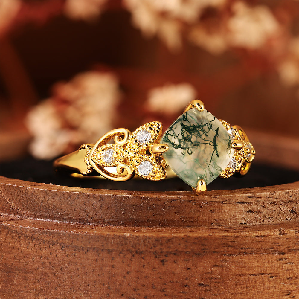 Vintage Inspired Cushion Cut Moss Agate Engagement Ring with Floral Detailing