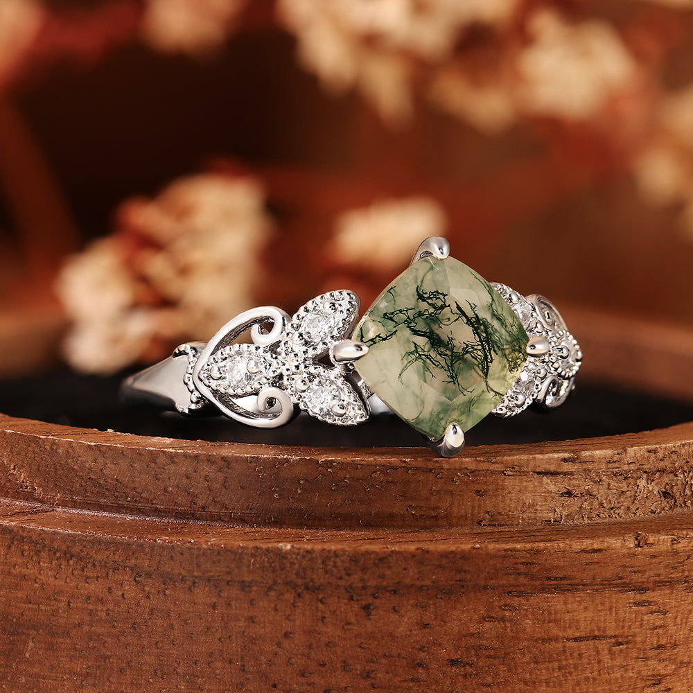 Vintage Inspired Cushion Cut Moss Agate Engagement Ring with Floral Detailing
