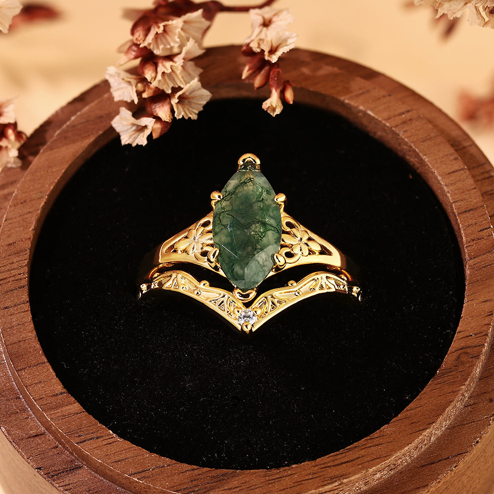 Nature Inspired Marquise Cut Moss Agate Bridal Ring Set with V-Shaped Matching Band