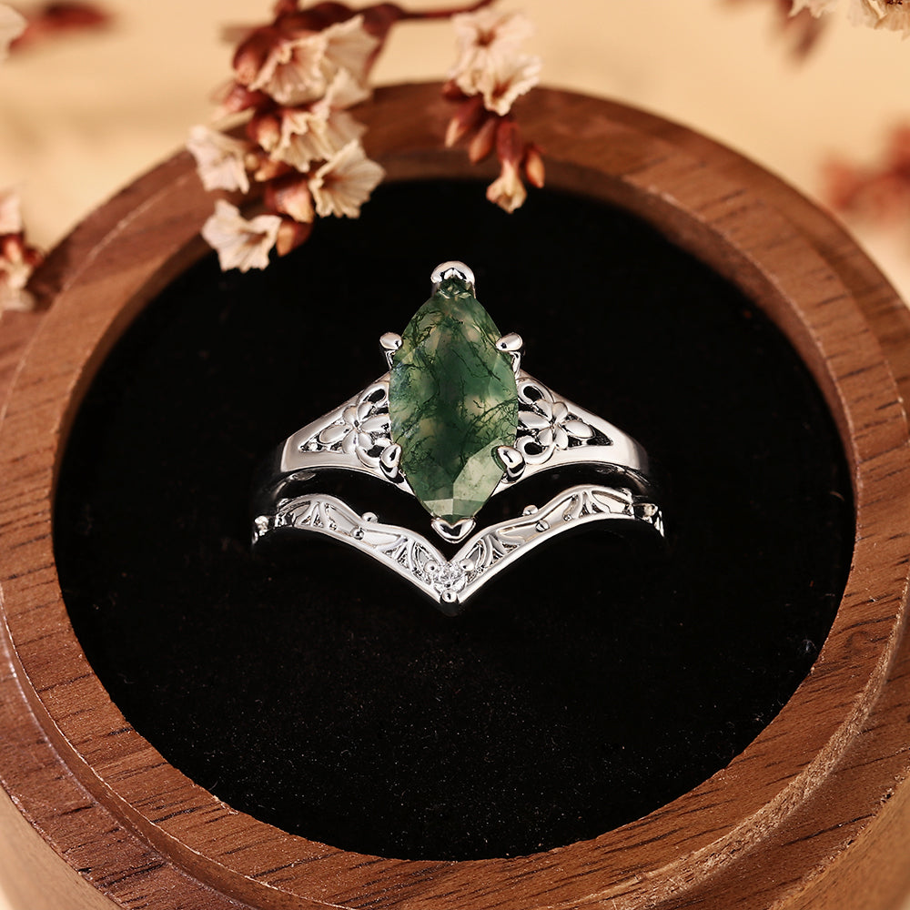 Nature Inspired Marquise Cut Moss Agate Bridal Ring Set with V-Shaped Matching Band