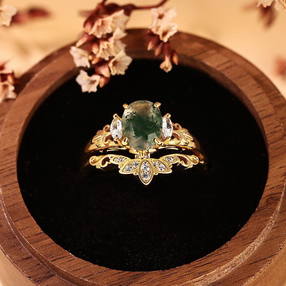 Oval Moss Agate Engagement Ring Bridal Set, Vintage Botanical Curved Matching Band Set