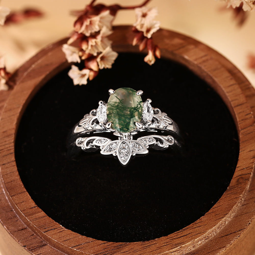 Oval Moss Agate Engagement Ring Bridal Set, Vintage Botanical Curved Matching Band Set