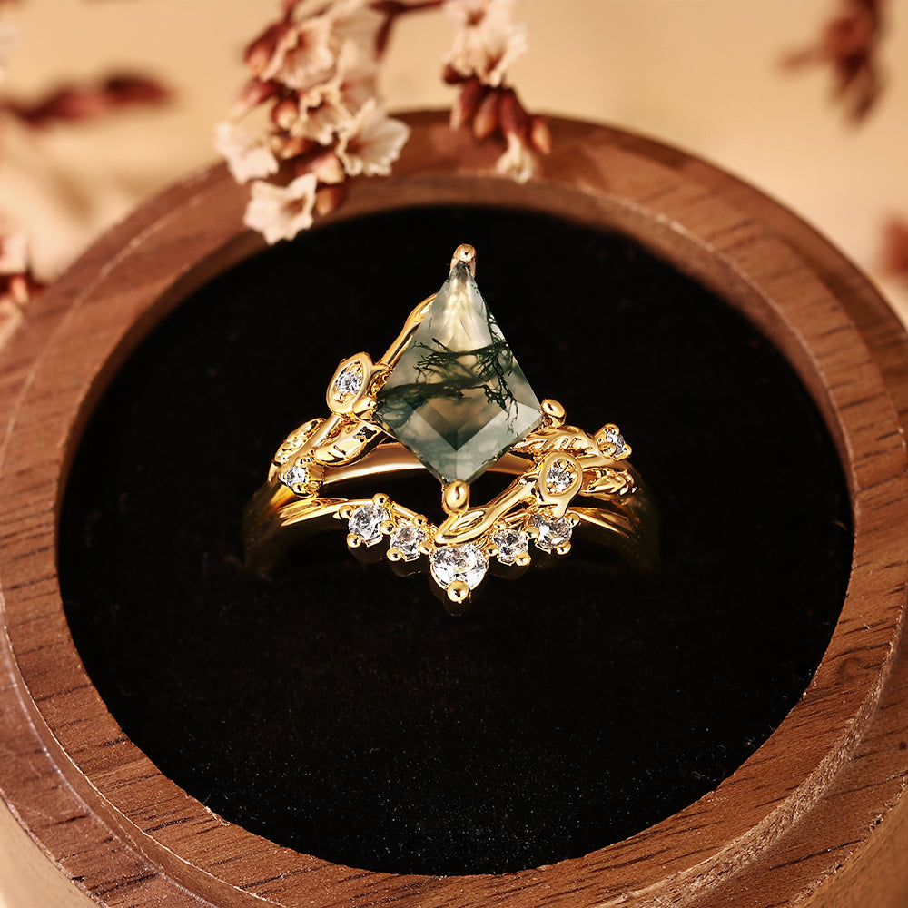 Vintage Kite Cut Moss Agate Nature Inspired Leaf Bridal Ring Set with V Shaped Curved Matching Band