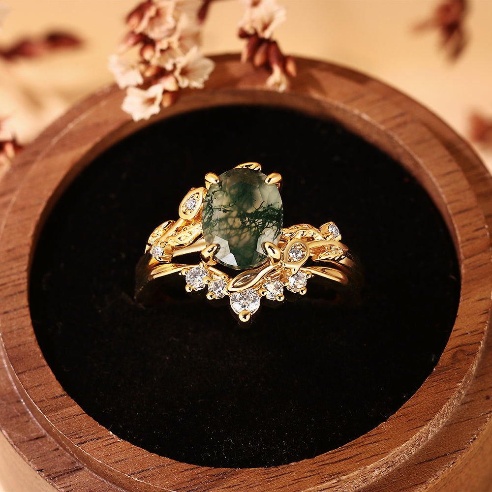 Oval Cut Moss Agate Leaf Unique Nature Inspired Bridal Ring Set