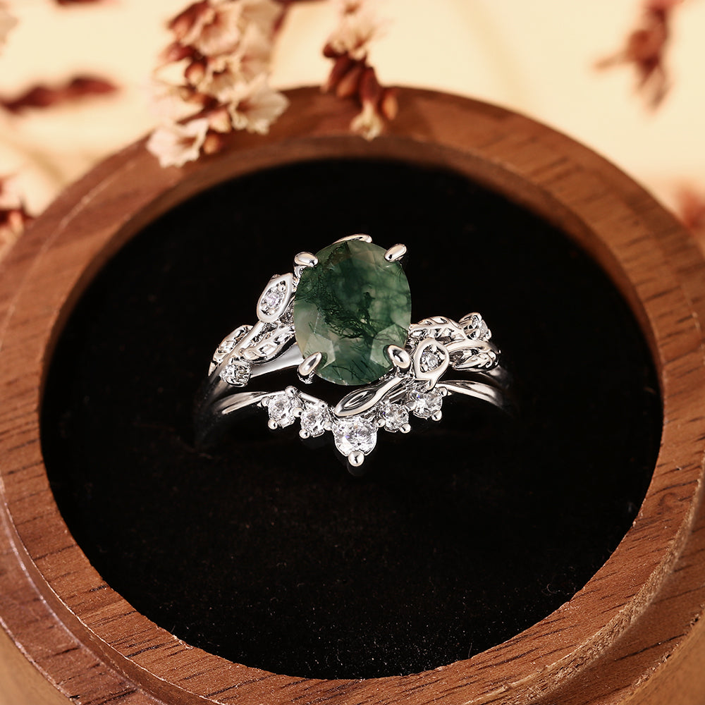 Oval Cut Moss Agate Leaf Unique Nature Inspired Bridal Ring Set