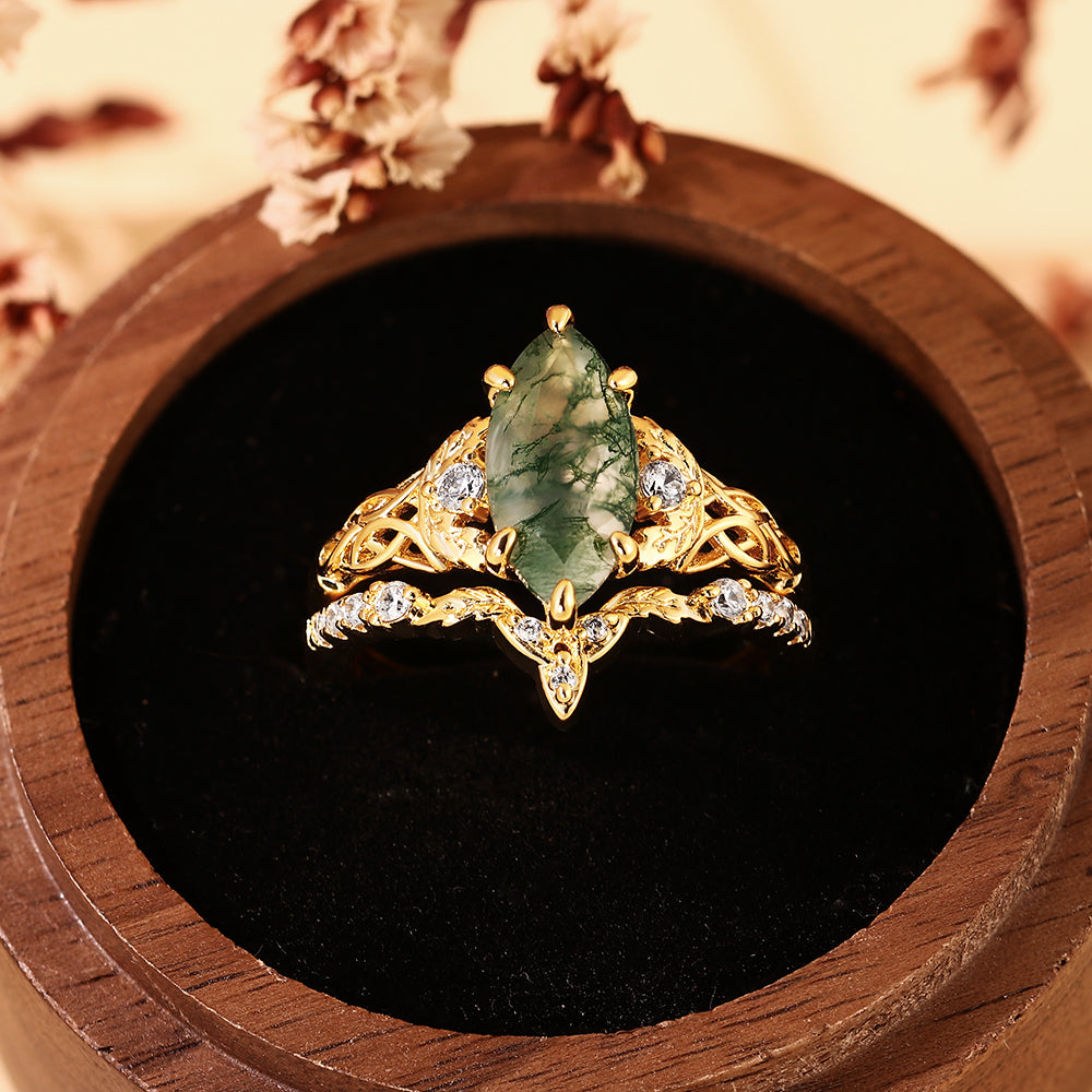 Vintage Marquise Cut Leaf Accent Celtic Knot Moss Agate Bridal Set