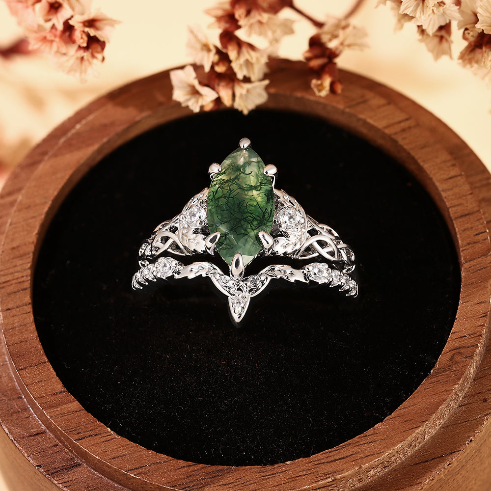 Vintage Marquise Cut Leaf Accent Celtic Knot Moss Agate Bridal Set