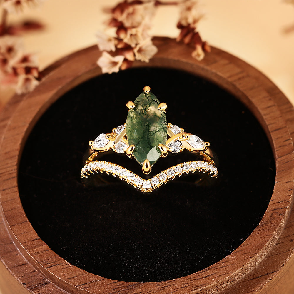 Nature Inspired Marquise Cut Moss Agate Bridal Ring Set, Unique Vine Inspired Bridal Ring Set