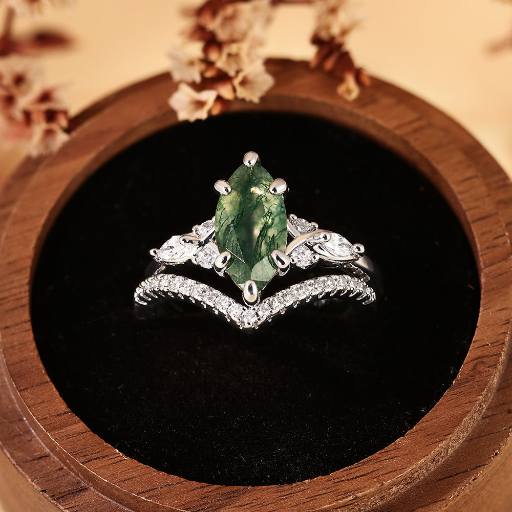 Nature Inspired Marquise Cut Moss Agate Bridal Ring Set, Unique Vine Inspired Bridal Ring Set